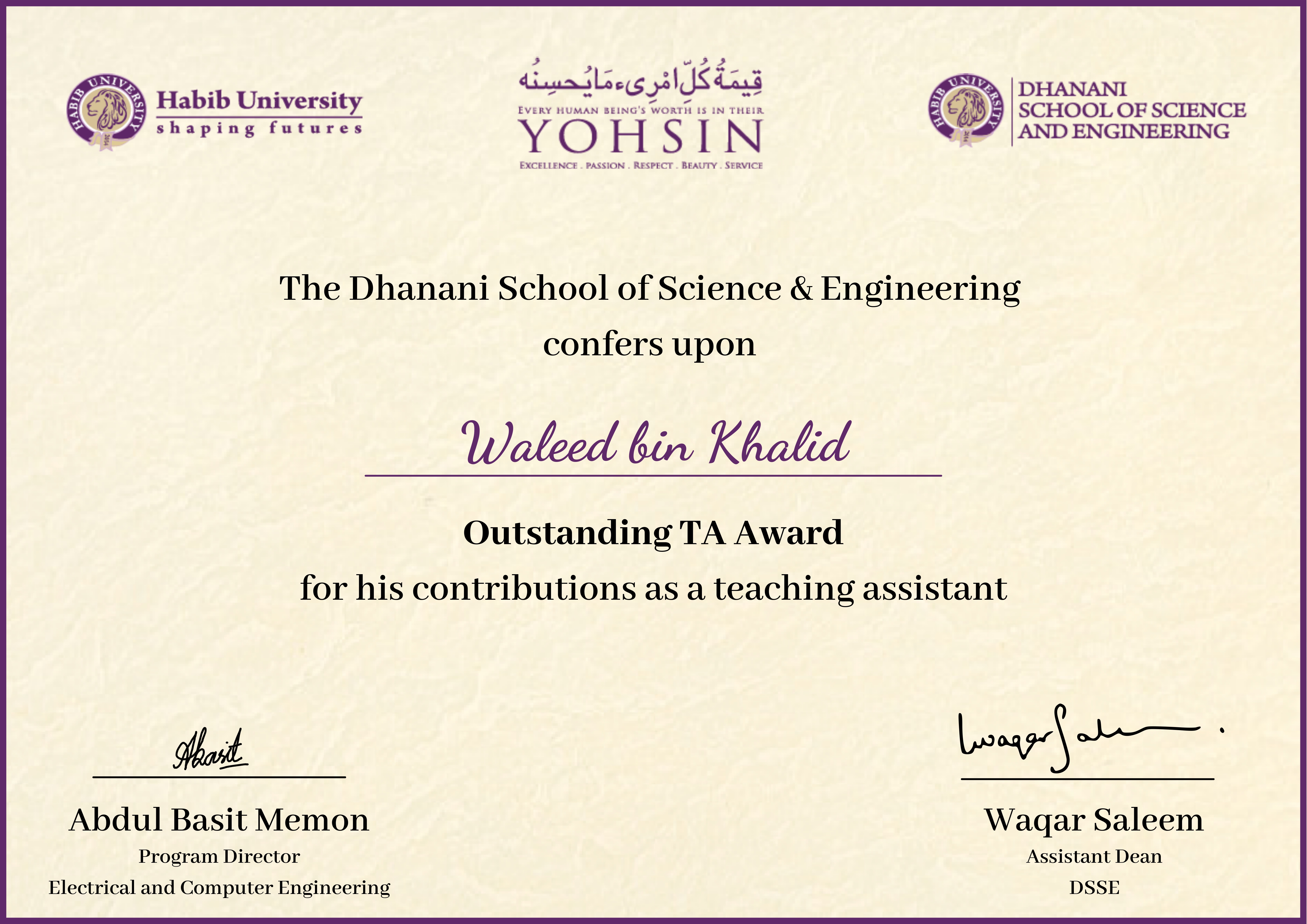 Outstanding Teaching Assistant certificate